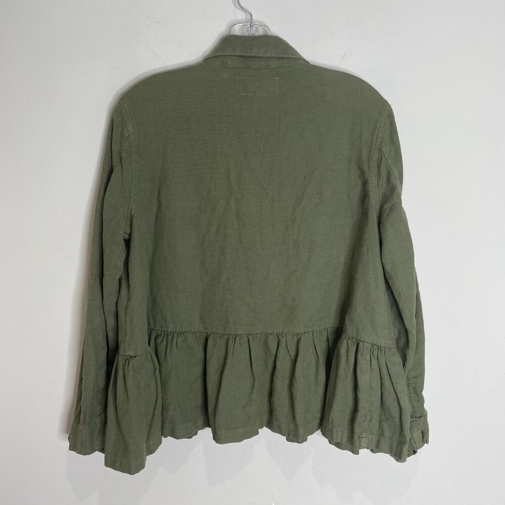 The Great Flutter Army Jacket Linen Cotton Ruffle Peplum Hem Green Sz 1 / S - Picture 3 of 13